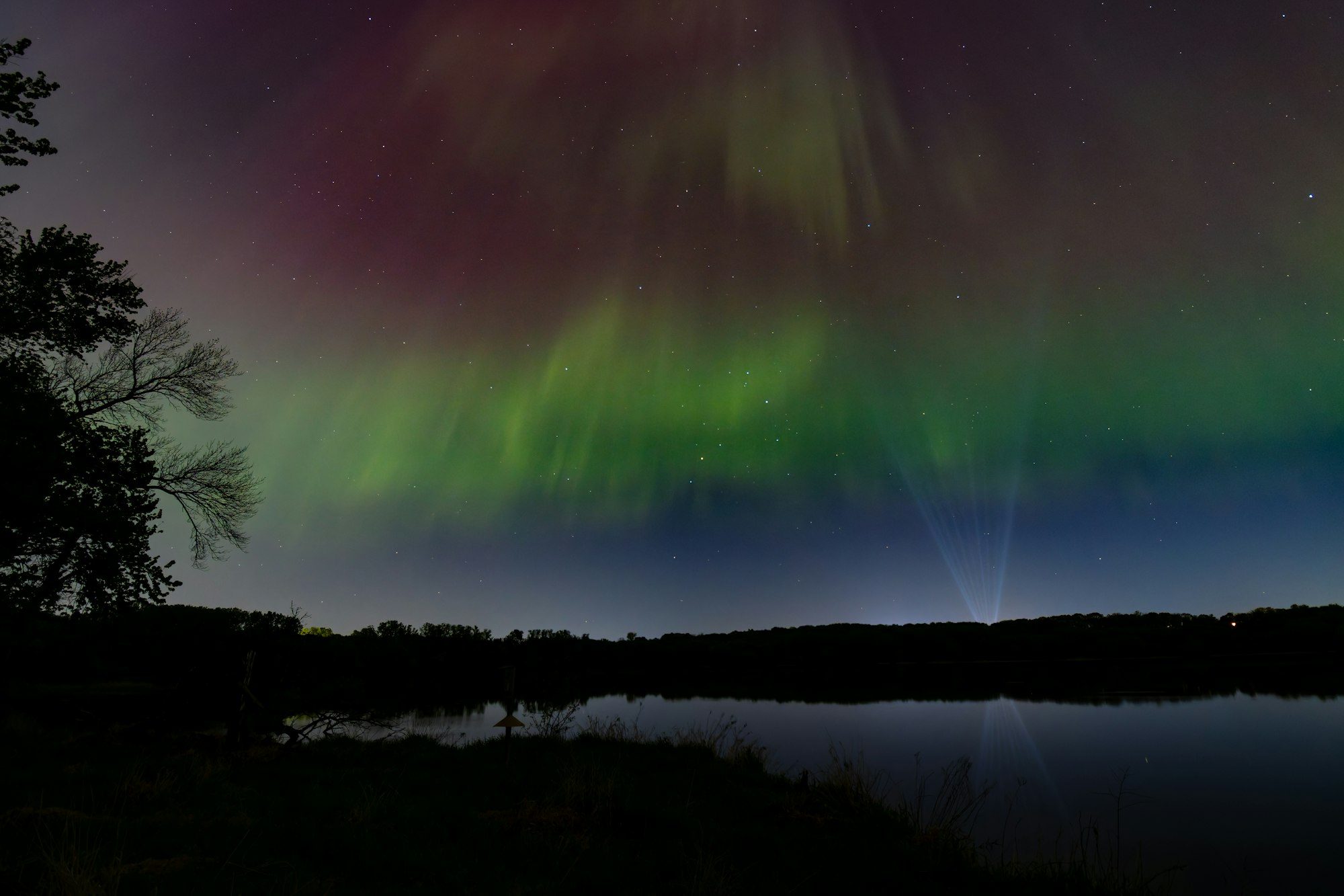 Northern Lights over a calm lake with silhouettes of trees and a starry sky.