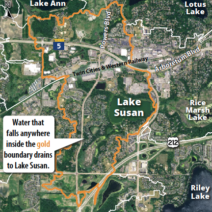 A map showing Lake Susan and its watershed boundary with labels for nearby lakes, roads, and a railway.
