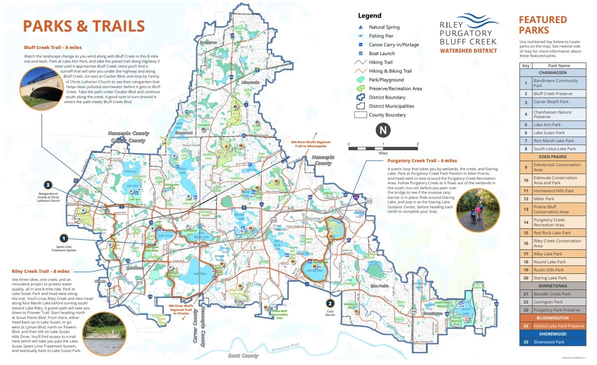 A map of parks and trails with a legend and featured park list for Riley Purgatory Bluff Creek Watershed District.
