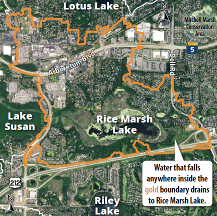 A satellite image showing the drainage basin for Rice Marsh Lake with highlighted boundaries and nearby lakes.