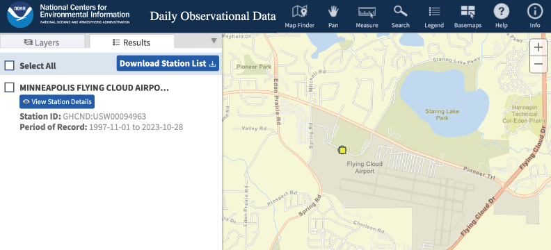 A map from National Centers for Environmental Information showing observational data near Flying Cloud Airport.