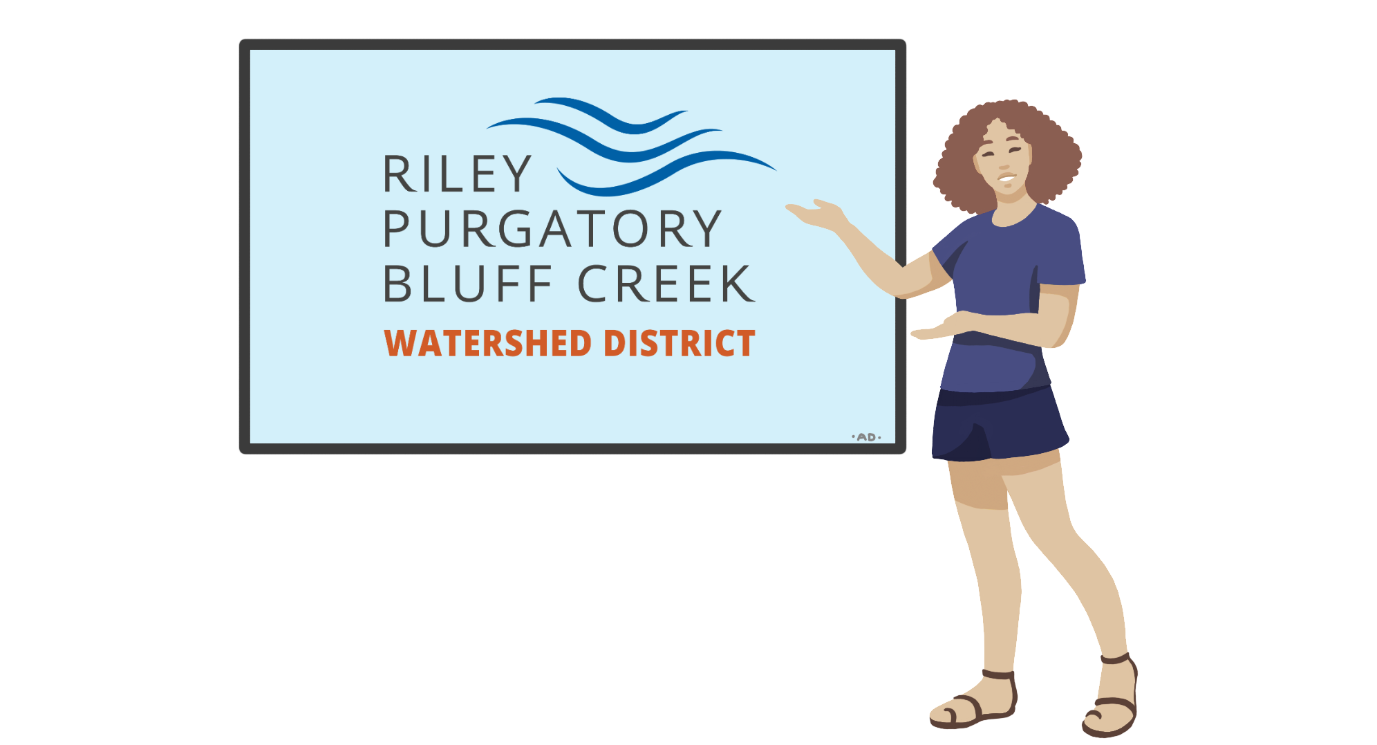 Illustration of a person gesturing towards a sign that reads "Riley Purgatory Bluff Creek Watershed District."