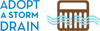 A logo with text "ADOPT A STORM DRAIN" and an illustration of a storm drain with water waves.