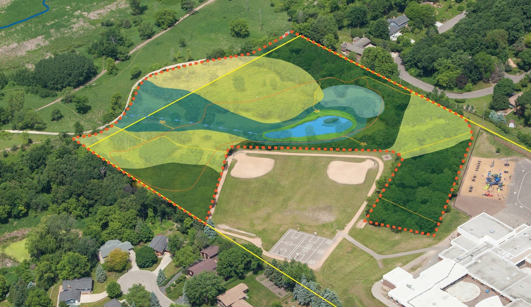 Aerial view of a park with overlayed planning graphics, including a pond, pathways, baseball fields, and a playground.