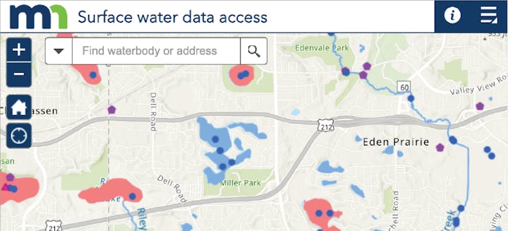 Map interface showing "Surface water data access" with various colored overlays indicating data points around Eden Prairie area.