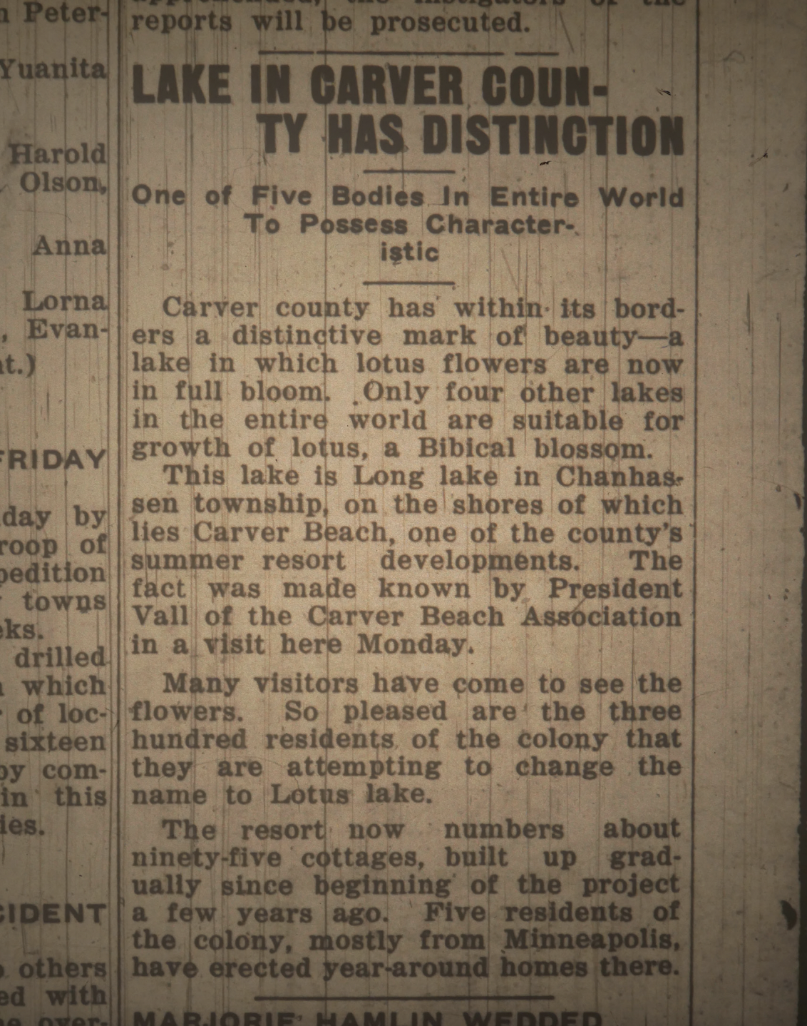 Historic newspaper clipping about a Carver County lake with lotuses, one of five worldwide suitable for the flower, possibly to be renamed Lotus Lake.