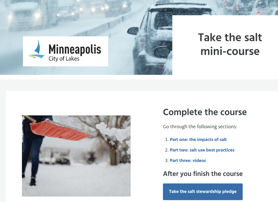 A snowy scene with a person shoveling, a Minneapolis logo, and text about a salt mini-course.