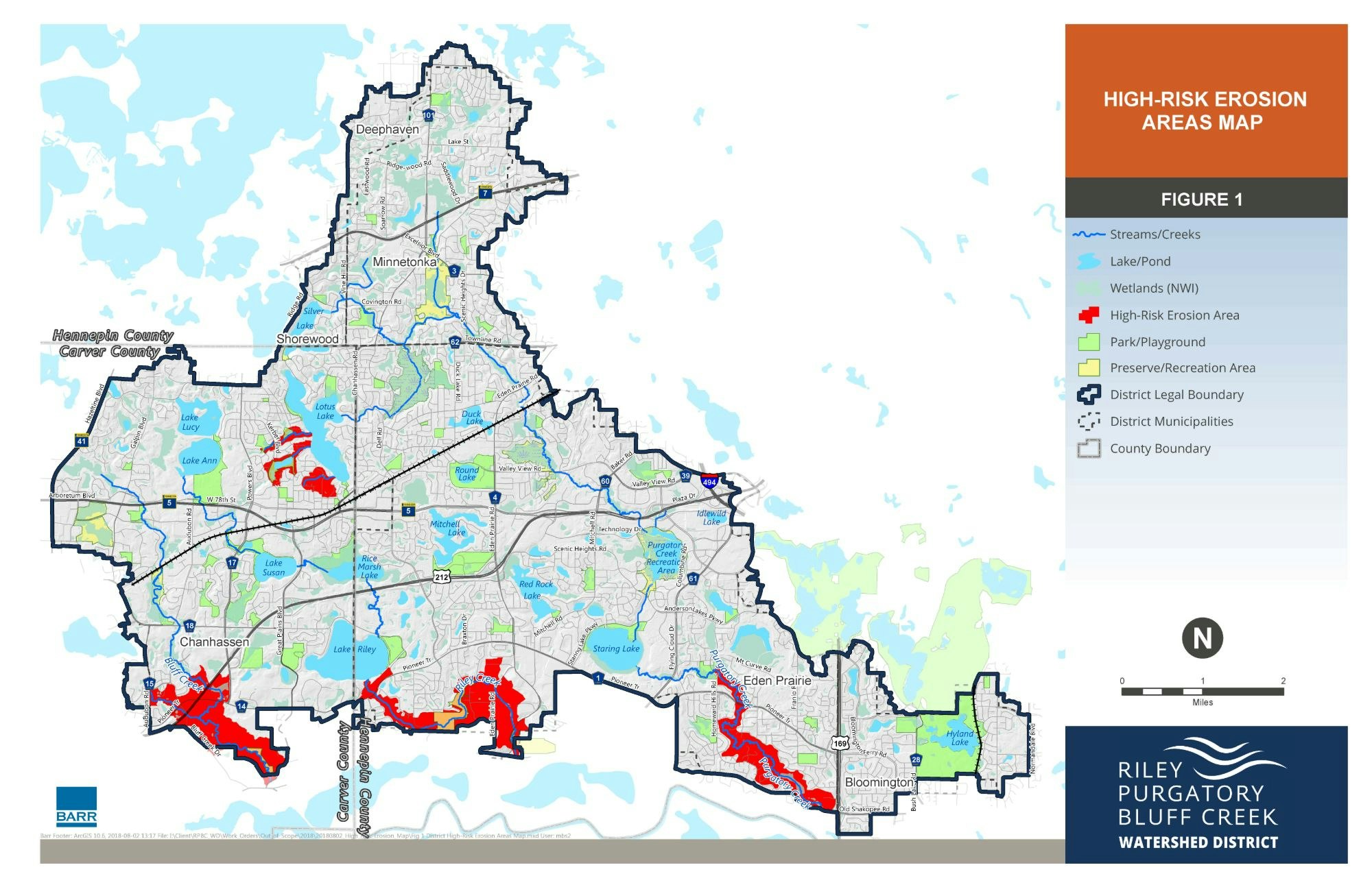 A map indicating high-risk erosion areas, water bodies, parks, and administrative boundaries in a specific watershed district.