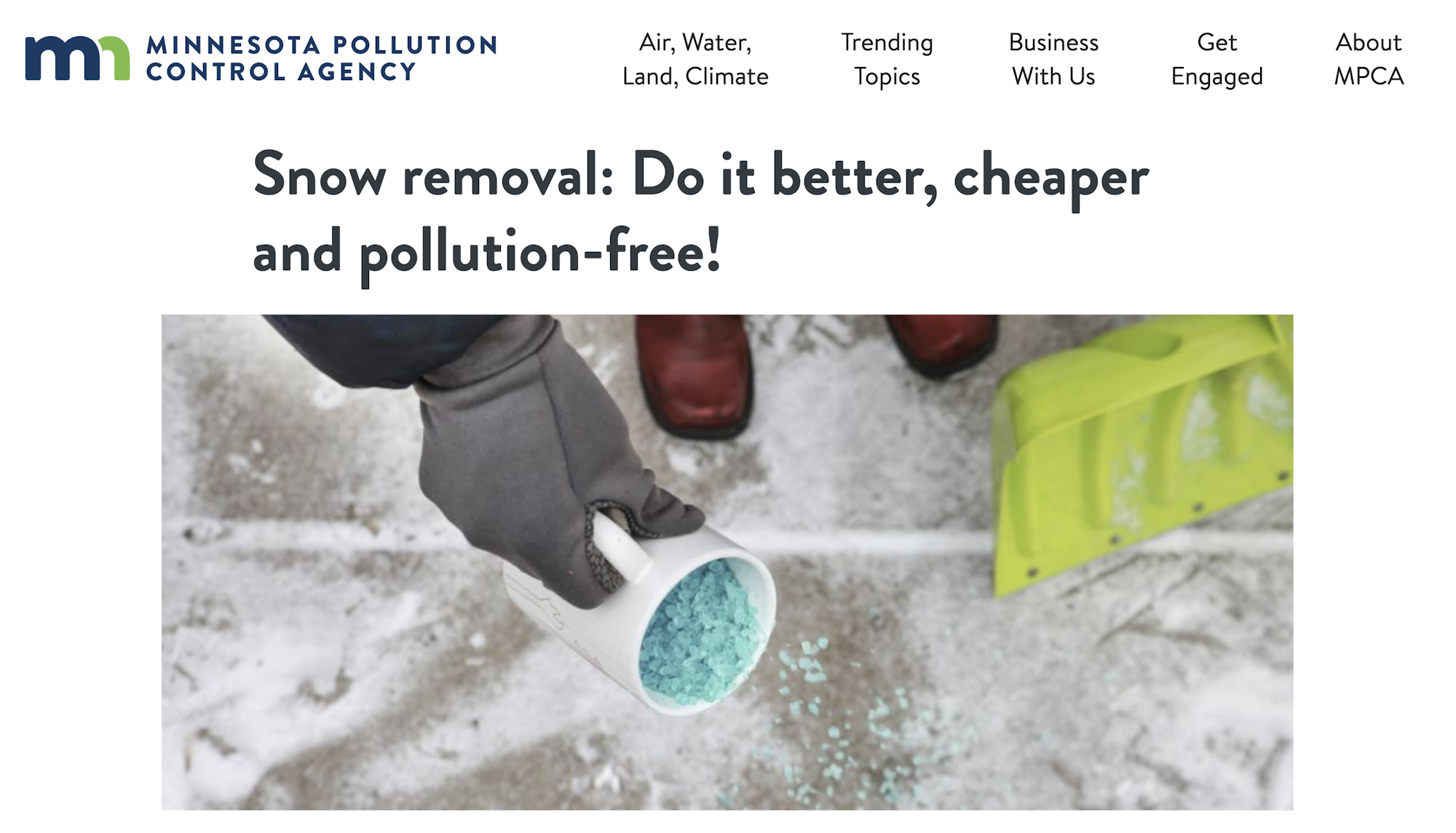 A person pouring blue salt onto snowy ground next to a green shovel, promoting pollution-free snow removal.