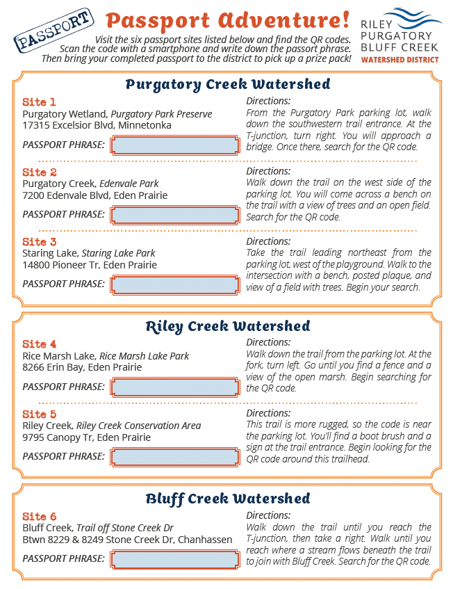 A flyer listing six sites as part of a Passport Adventure for exploring watersheds with directions and QR codes to scan.