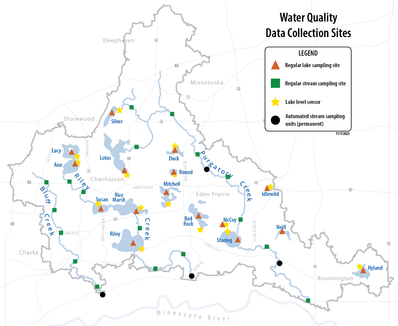 A map showing water quality data collection sites with a legend for lake, stream sampling sites, sensors, and automated units.