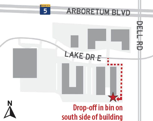 Drop-off site at 18681 Lake Drive E., Chanhassen. Includes a map showing the location and directions to the drop-off bin.