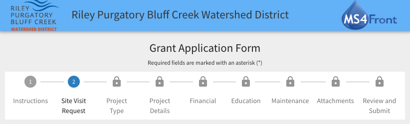 Grant application form for Riley Purgatory Bluff Creek Watershed District, currently on "Site Visit Request" step.