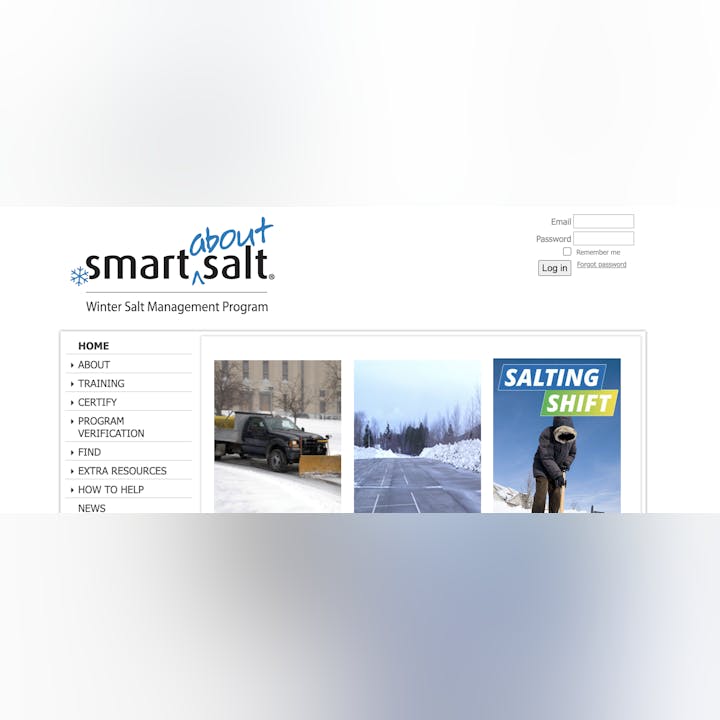 A webpage for a Winter Salt Management Program, featuring a navigation menu, login section, and images related to snow and salt application.