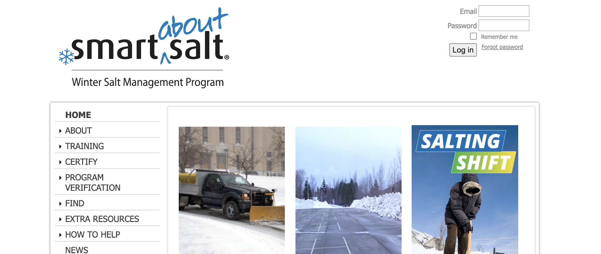 A webpage for a Winter Salt Management Program, featuring a navigation menu, login section, and images related to snow and salt application.