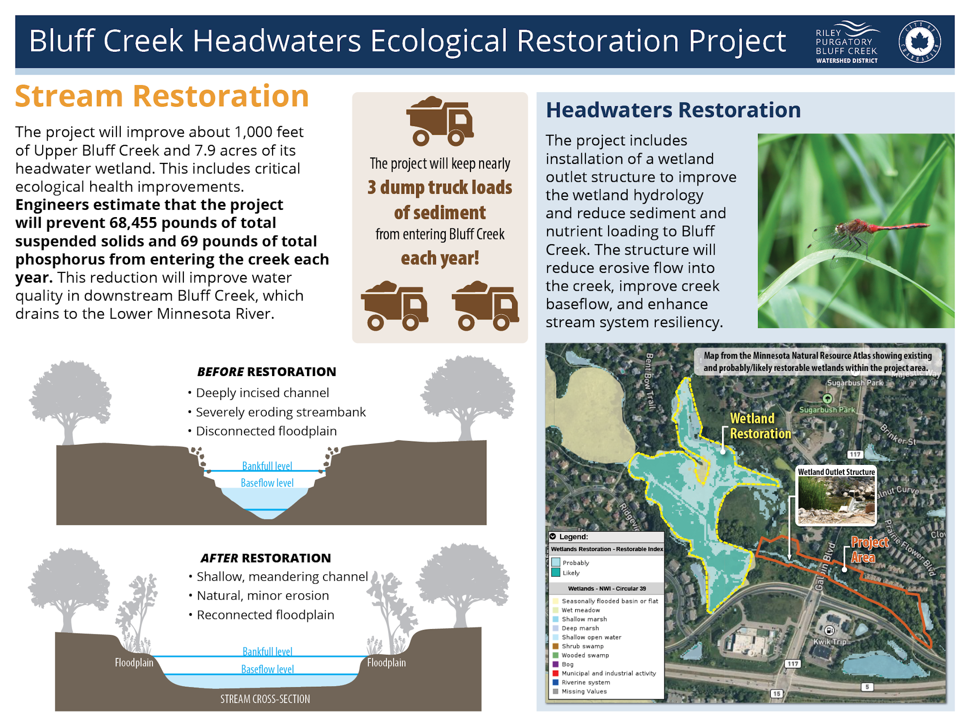 An infographic about Bluff Creek Headwaters Ecological Restoration Project detailing stream restoration benefits and headwaters restoration plans.