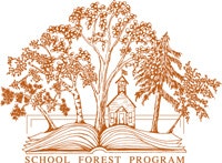 An illustration of trees growing from an open book with a small building, labeled "SCHOOL FOREST PROGRAM."