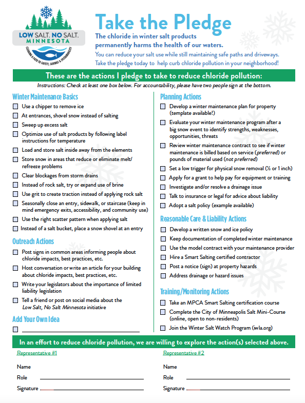 A pledge form to reduce chloride pollution from winter salt in Minnesota, listing actions to take, with signature lines for accountability.