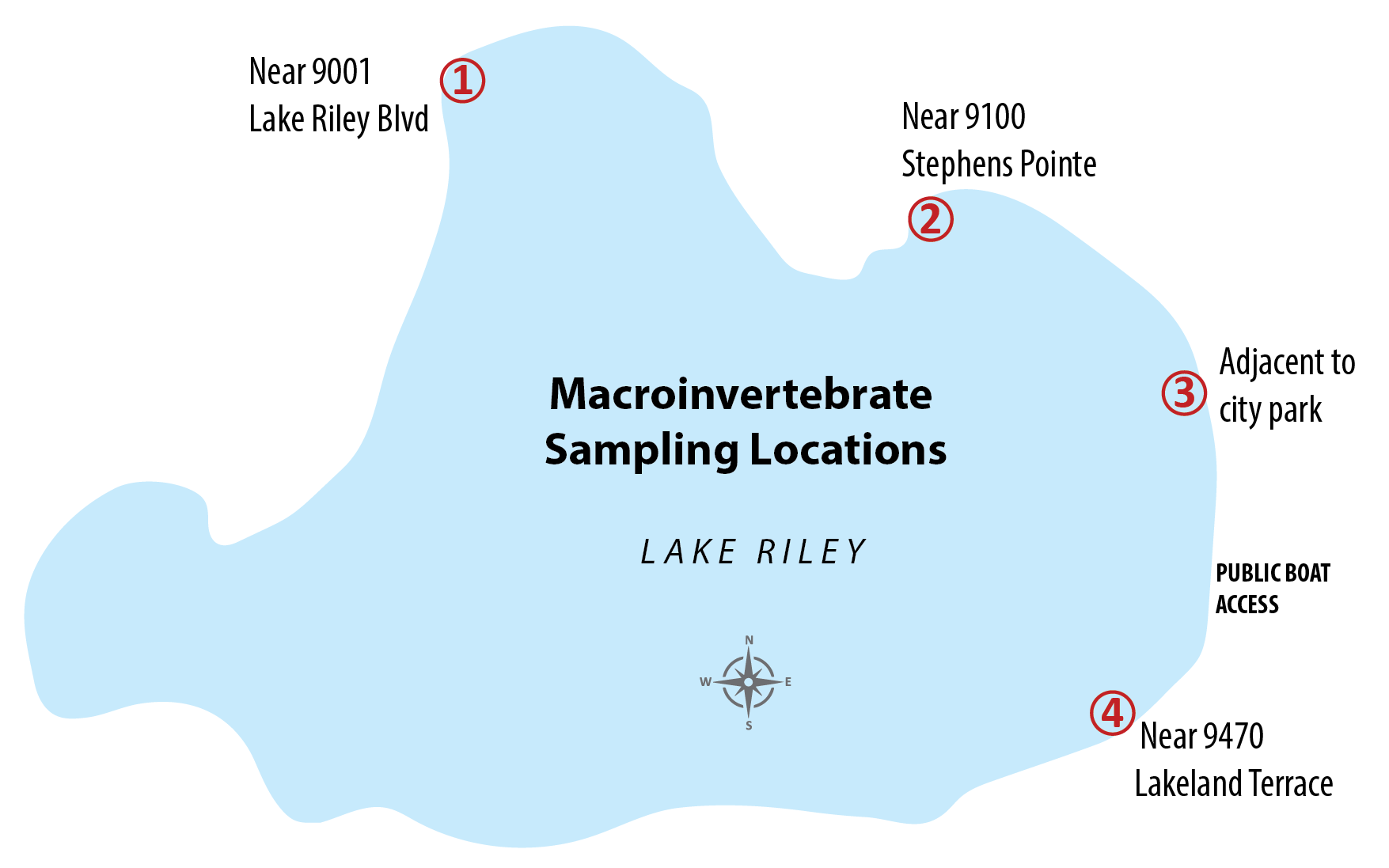 Map of macroinvertebrate sampling locations around Lake Riley with numbered points and nearby landmarks.