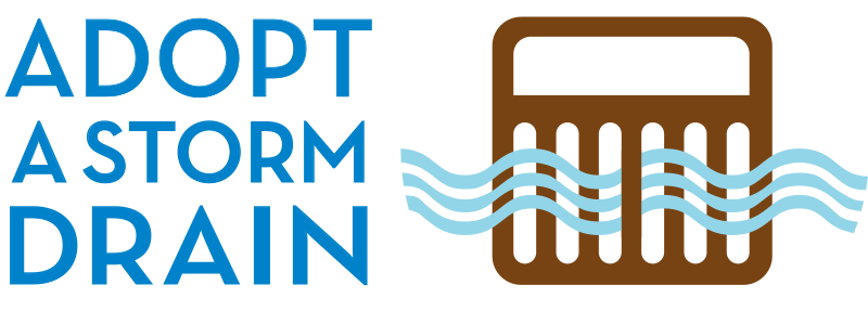 A graphic promoting an initiative to "Adopt a Storm Drain," featuring a storm drain icon and wavy lines representing water.