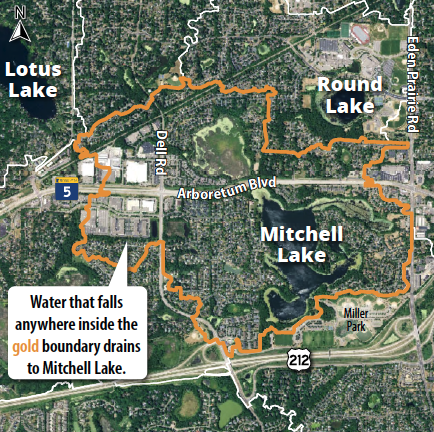 A map showing the drainage boundary for Mitchell Lake with roads, parks, and nearby lakes labeled.
