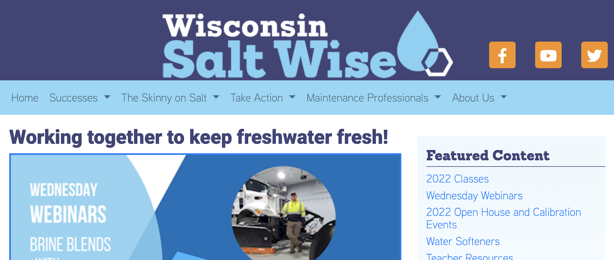 A screenshot of the 'Wisconsin Salt Wise' website promoting freshwater conservation, showing navigation, a headline, and social icons.