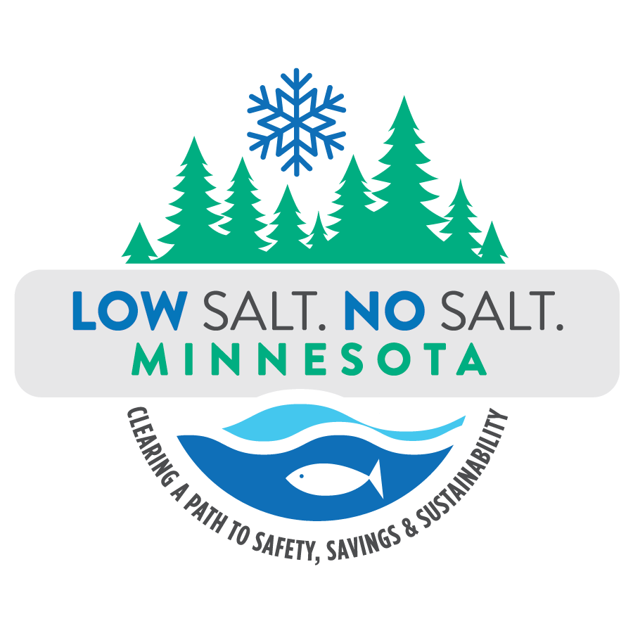 Logo with trees, snowflake, and text "LOW SALT. NO SALT. MINNESOTA" promoting environmental sustainability.