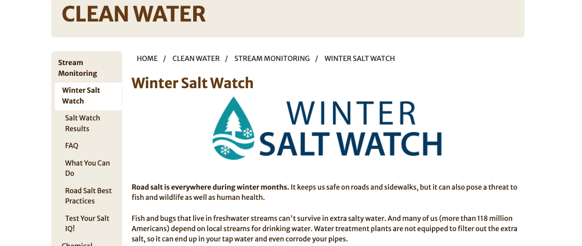 Website content about "Winter Salt Watch," concerning the environmental impact of road salt.