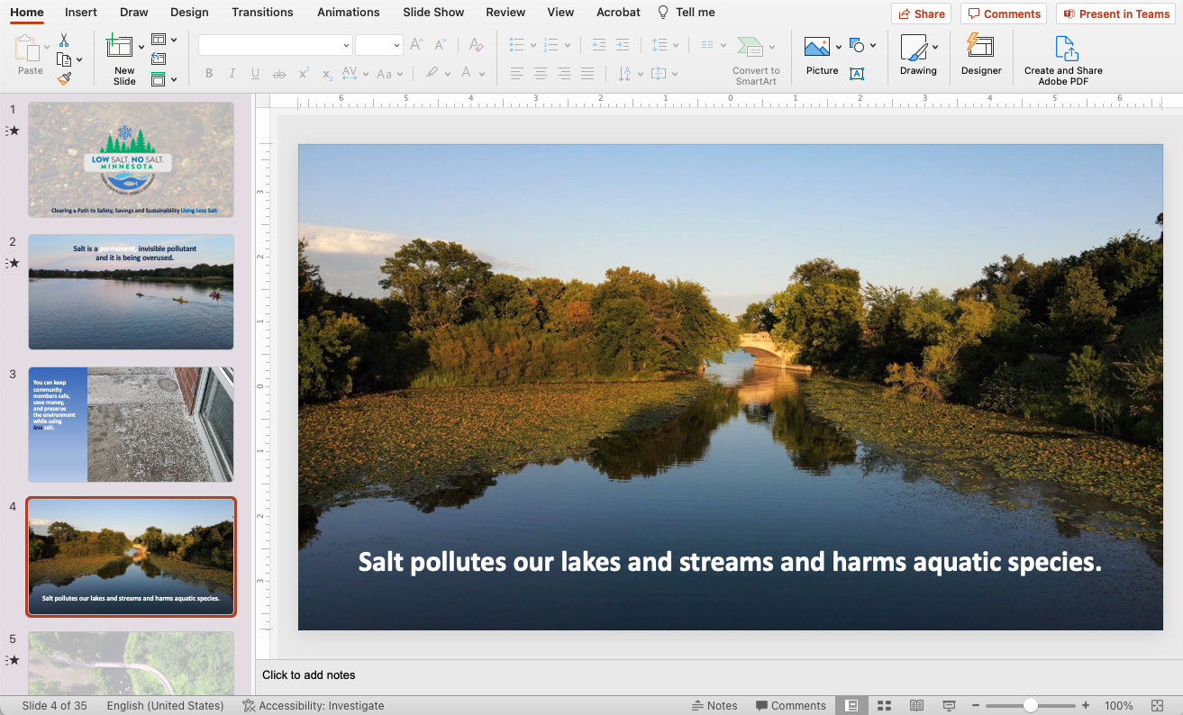 A computer screen with a PowerPoint presentation about environmental concerns due to salt pollution in lakes and streams.
