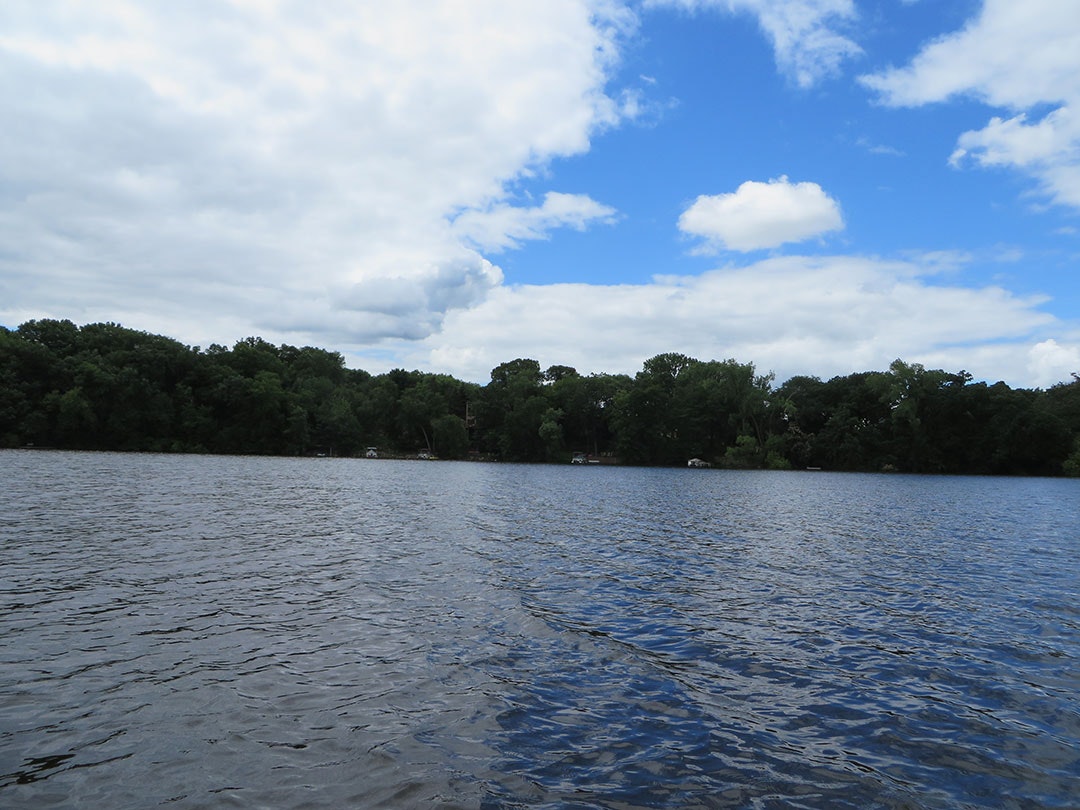 A lake with rippling water, surrounded by trees under a cloudy sky.