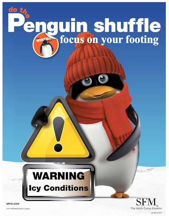 Poster with a cartoon penguin in winter attire and a warning sign for icy conditions, promoting safe walking.