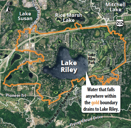 A satellite map highlighting the drainage basin for Lake Riley with surrounding roads and lakes.