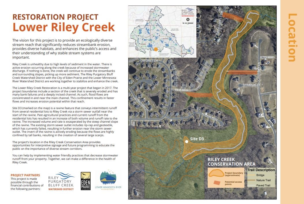 An informational poster about the Lower Riley Creek Restoration Project, including a map, project goals, and details on stream restoration.