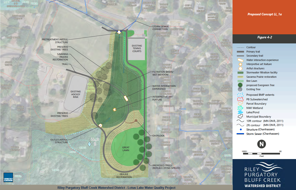 Proposed water quality project layout with trails, meadows, art features, and stormwater management near Lotus Lake.
