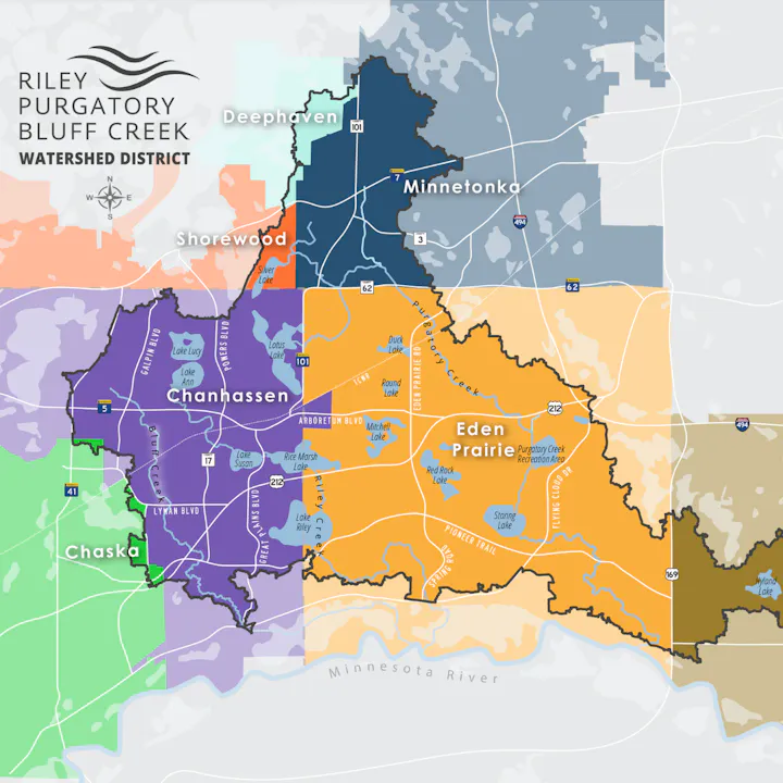 This is a map of the Riley Purgatory Bluff Creek Watershed District, highlighting different areas including Chaska, Eden Prairie, and Minnetonka.