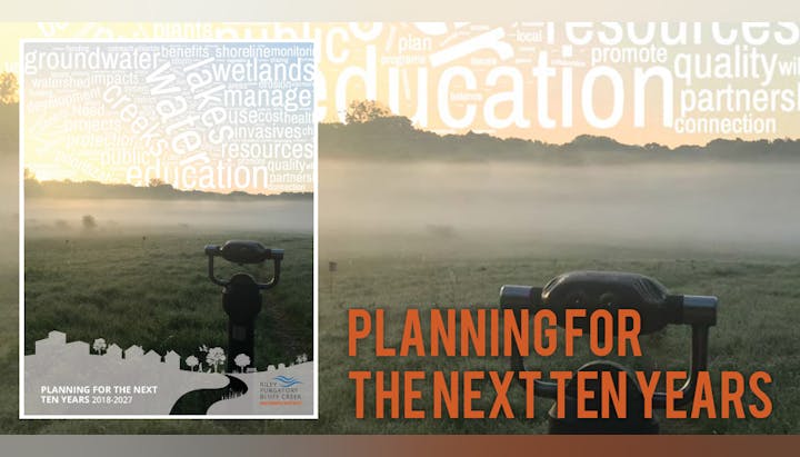 A brochure cover with two images: a lookout in a misty field and word cloud graphics, with text "PLANNING FOR THE NEXT TEN YEARS."
