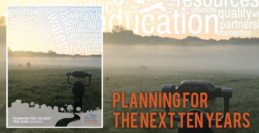A brochure cover with two images: a lookout in a misty field and word cloud graphics, with text "PLANNING FOR THE NEXT TEN YEARS."
