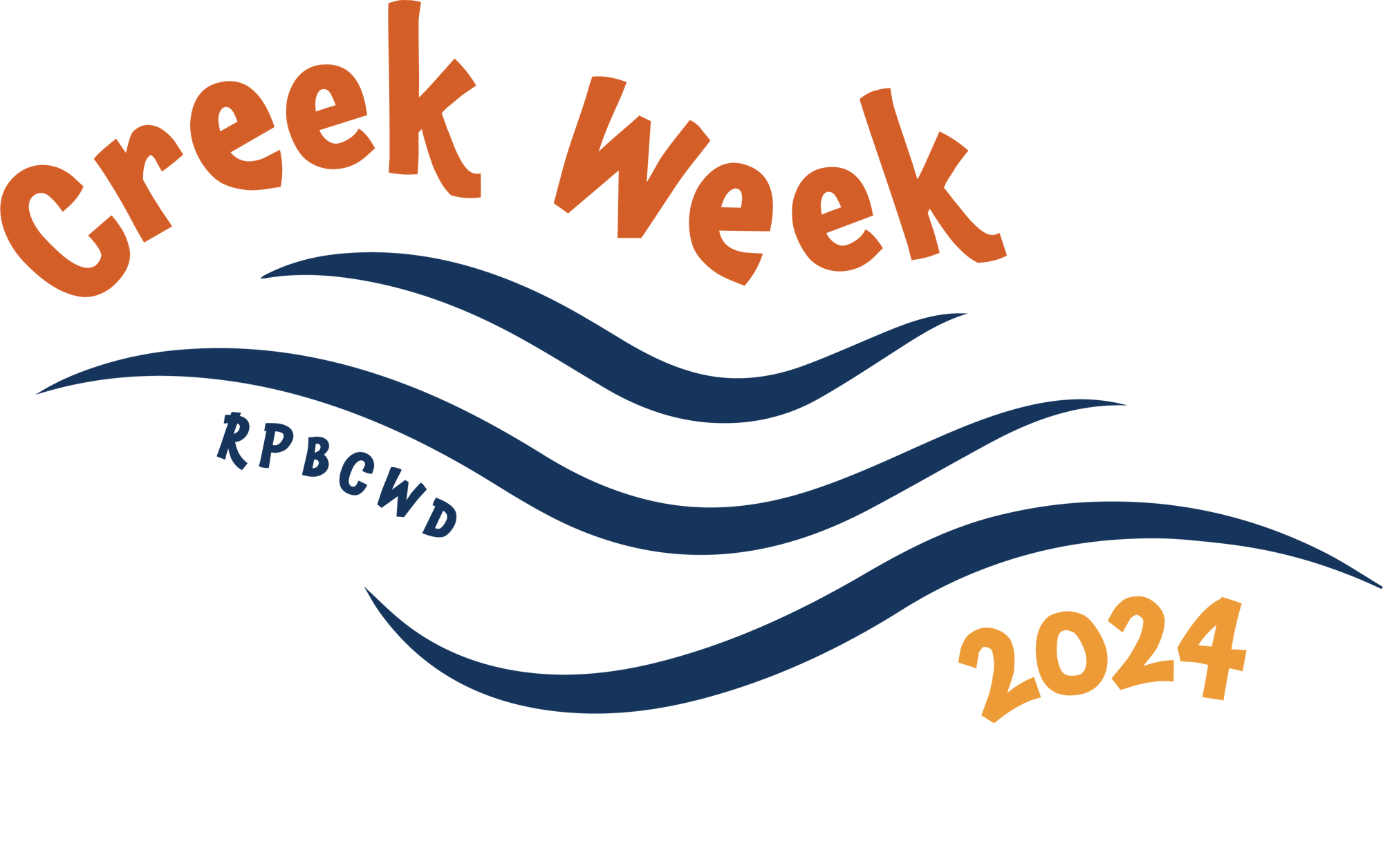 Logo of "Creek Week 2024" with blue waves and acronym "RPBCWD" on a black background.