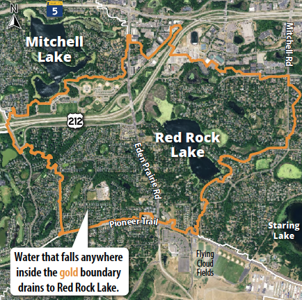 A map showing a watershed boundary around Red Rock Lake, with labels for nearby lakes and roads.