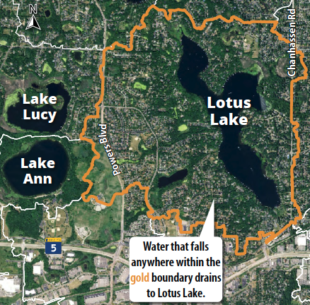 Satellite snapshot showing a watershed boundary around Lotus Lake, including smaller lakes like Lake Lucy and Lake Ann.