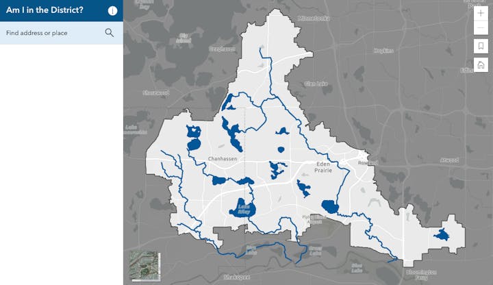 A map interface titled "Am I in the District?" with a search bar and a highlighted geographic area indicating a district boundary.
