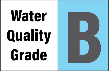 A sign with "Water Quality Grade" text and a large "B" grade on a blue background.