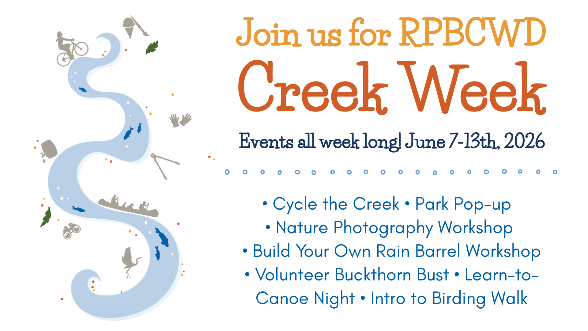 Join RPBCWD for Creek Week (June 7-13, 2026) with events like cycling, workshops, park pop-ups, and nature activities!