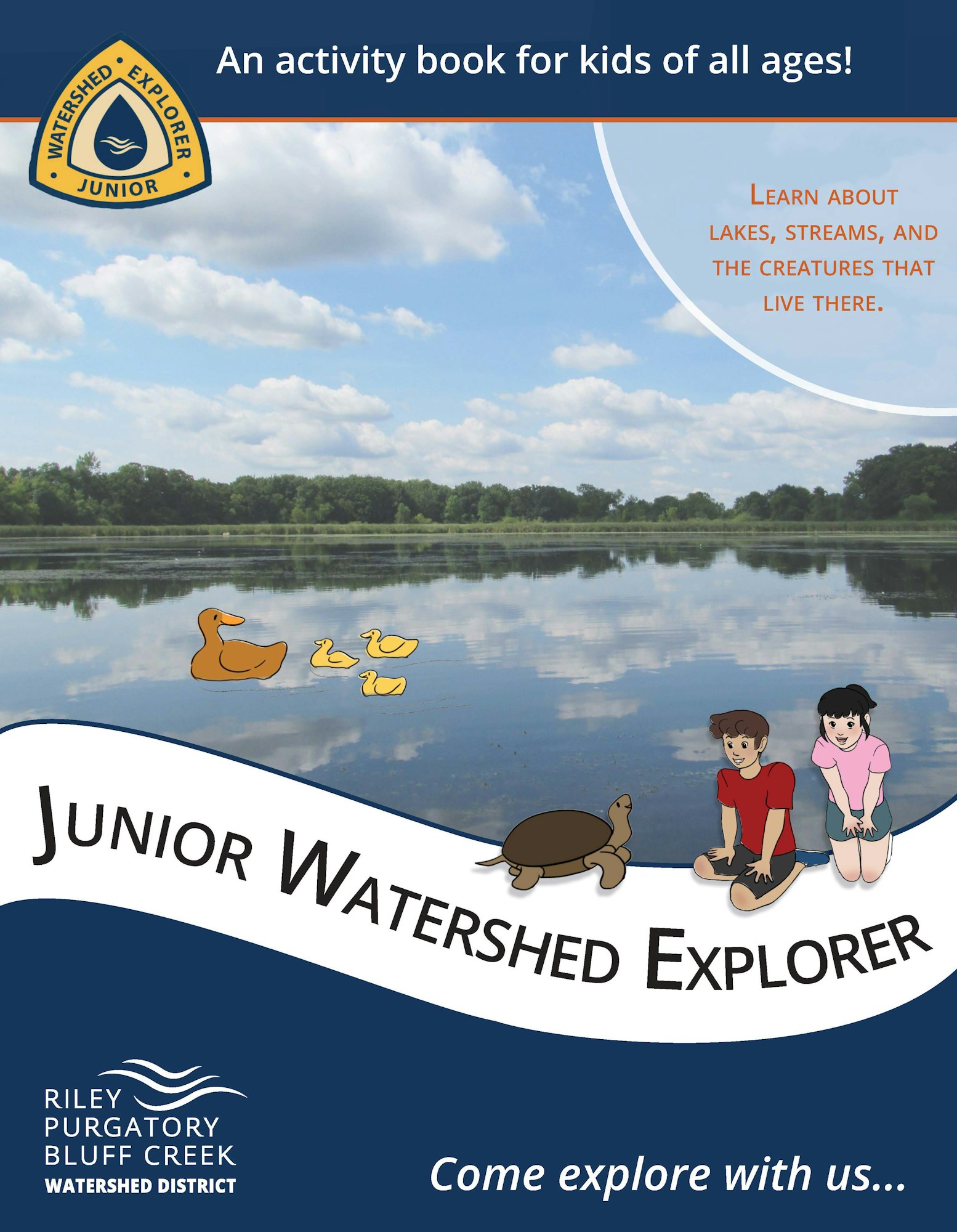 An activity book cover featuring a lake, ducks, a turtle, and two kids with educational content about aquatic environments.