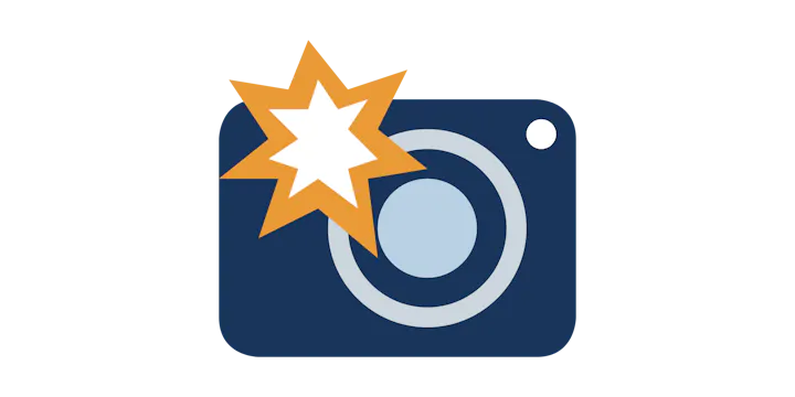 The image features a camera icon with an explosion graphic, suggesting action or excitement related to photography.
