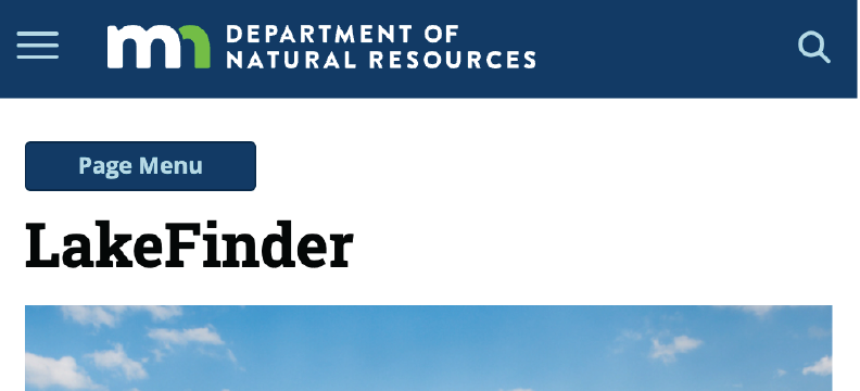 Webpage header for "Department of Natural Resources" with a "LakeFinder" feature and a page menu button.