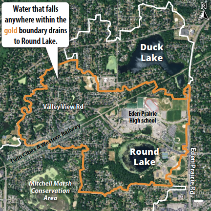 A map showing a watershed area with gold boundary lines around Round Lake, Duck Lake, and parts of Eden Prairie.