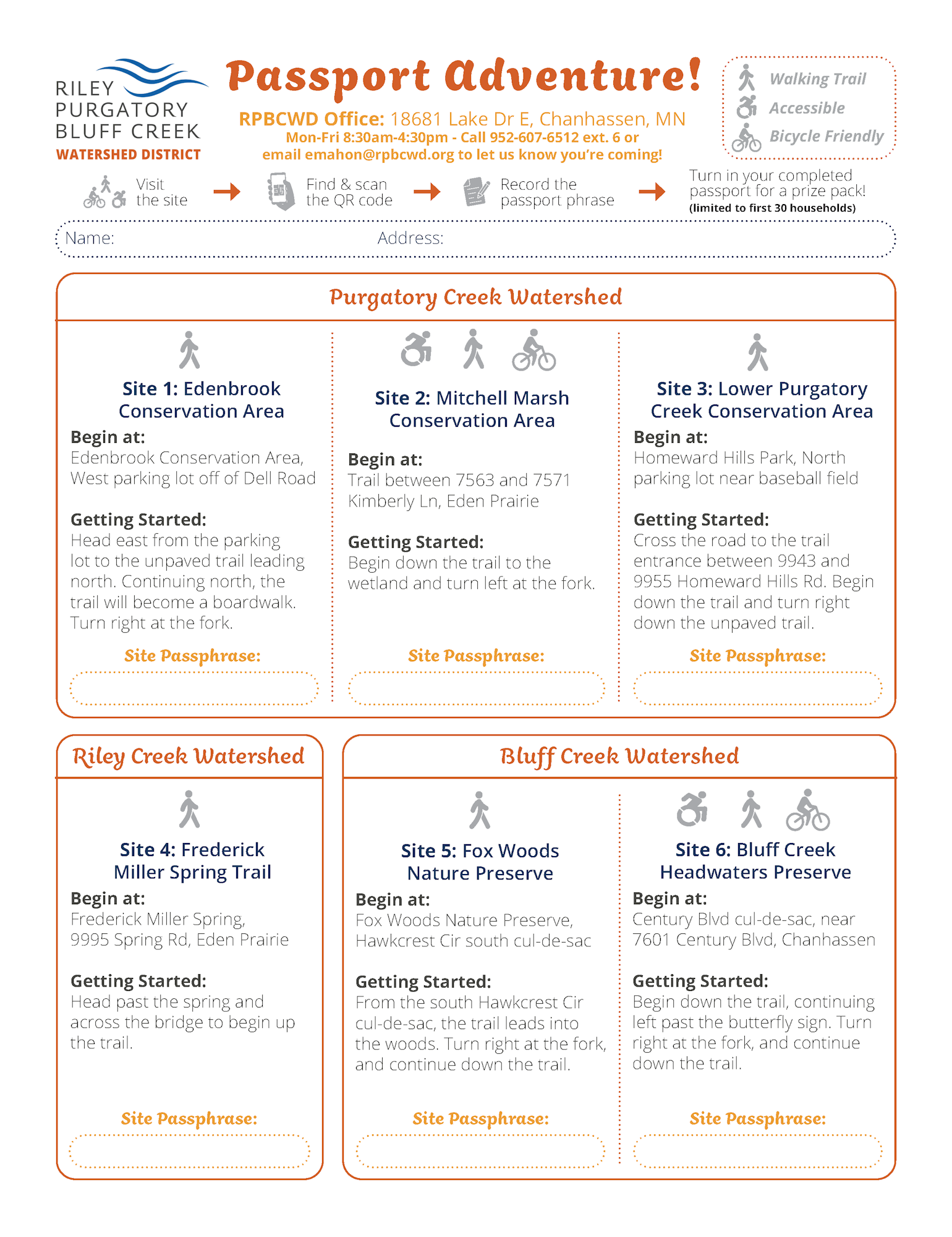 A brochure for a "Passport Adventure" at various watershed conservation sites, with details on starting points and trails.