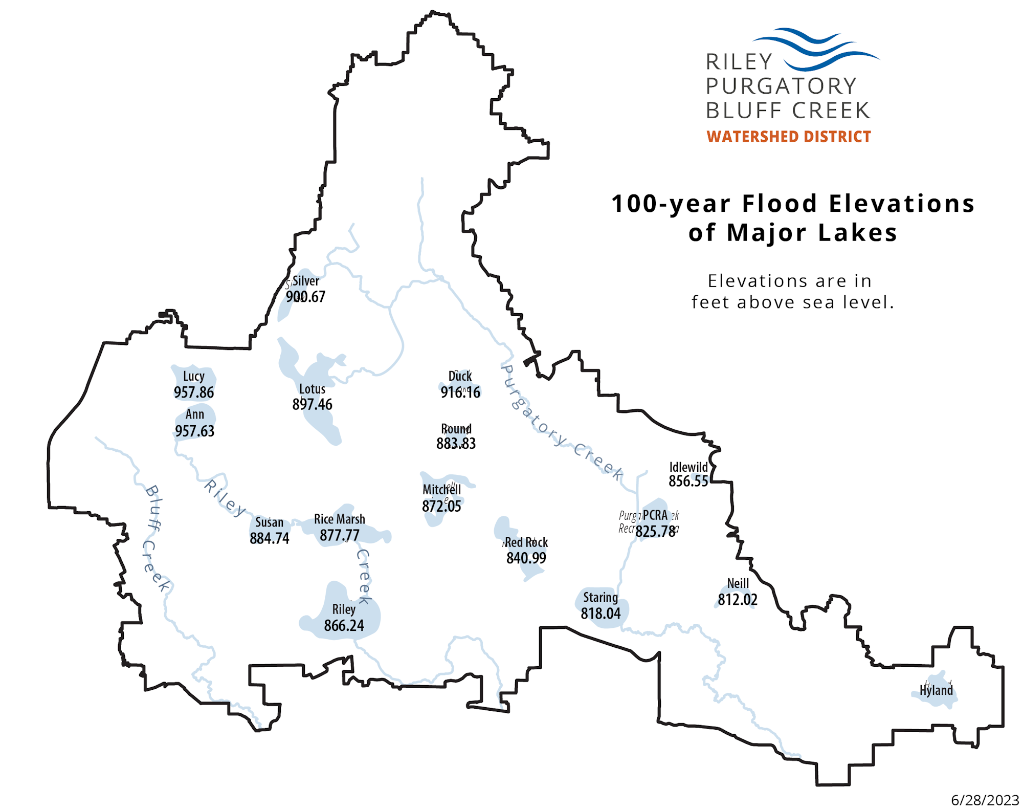 A map showing 100-year flood elevations for lakes in a watershed district, with elevations in feet above sea level.
