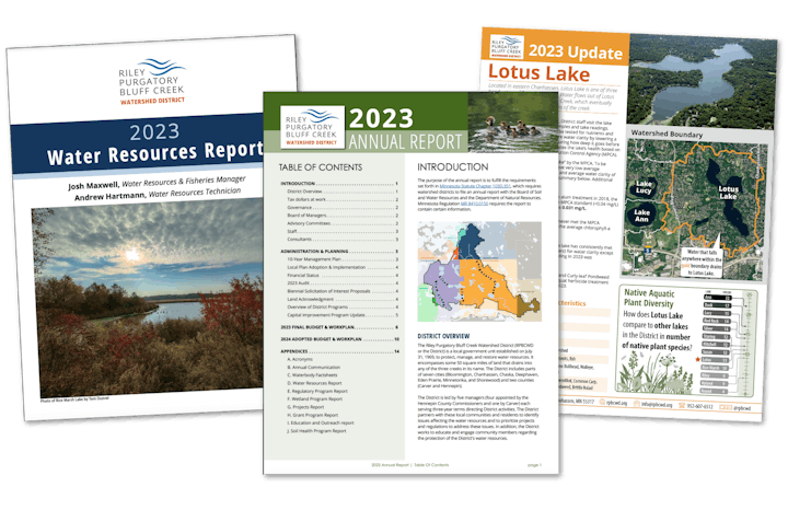 Collage of environmental report pages including text, graphics, and maps about water resources and Lotus Lake.